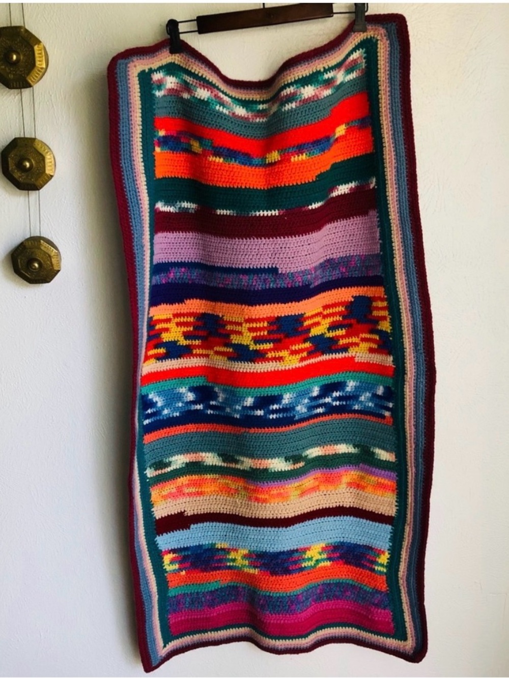 Vintage Boho Hippie Handmade Colorful Crochet Afghan Throw Blanket
